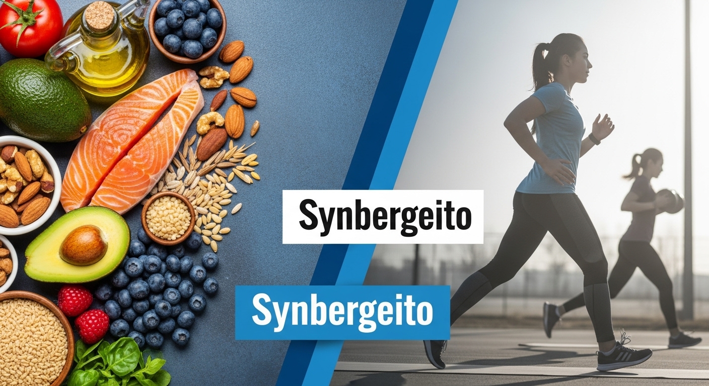 건강한 식단(연어, 아보카도, 견과류)과 운동하는 사람의 모습이 조화롭게 어우러진 이미지로, HDL 콜레스테롤 수치를 높이는 식단과 시너지 운동의 중요성을 시각적으로 표현합니다.