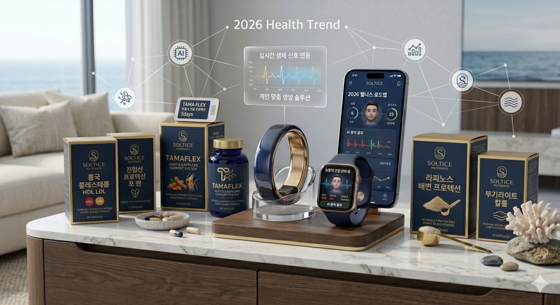 2026년 건강 트렌드를 상징하는 디지털 헬스케어 기기와 솔티스 제품