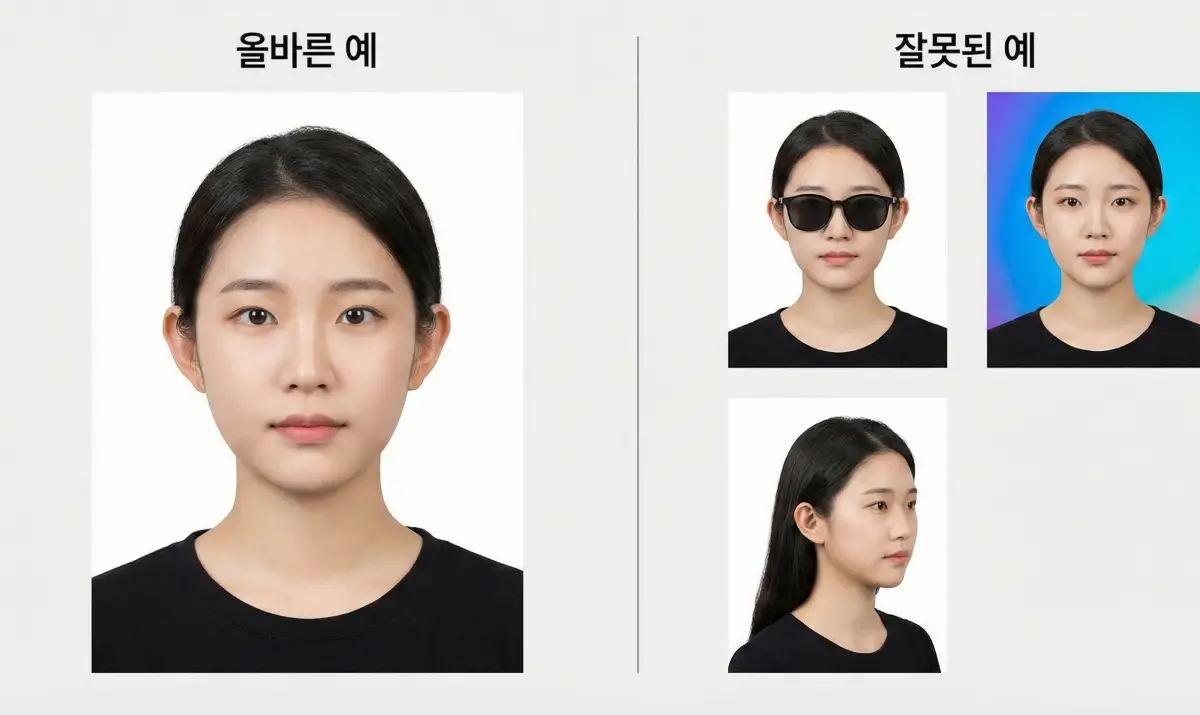 규격에 맞는 사진과 반려되는 사진의 비교 예시입니다.