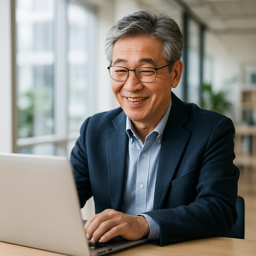 노트북으로 새로운 커리어를 시작하는 60대 신중년 비즈니스맨의 자신감 있는 모습