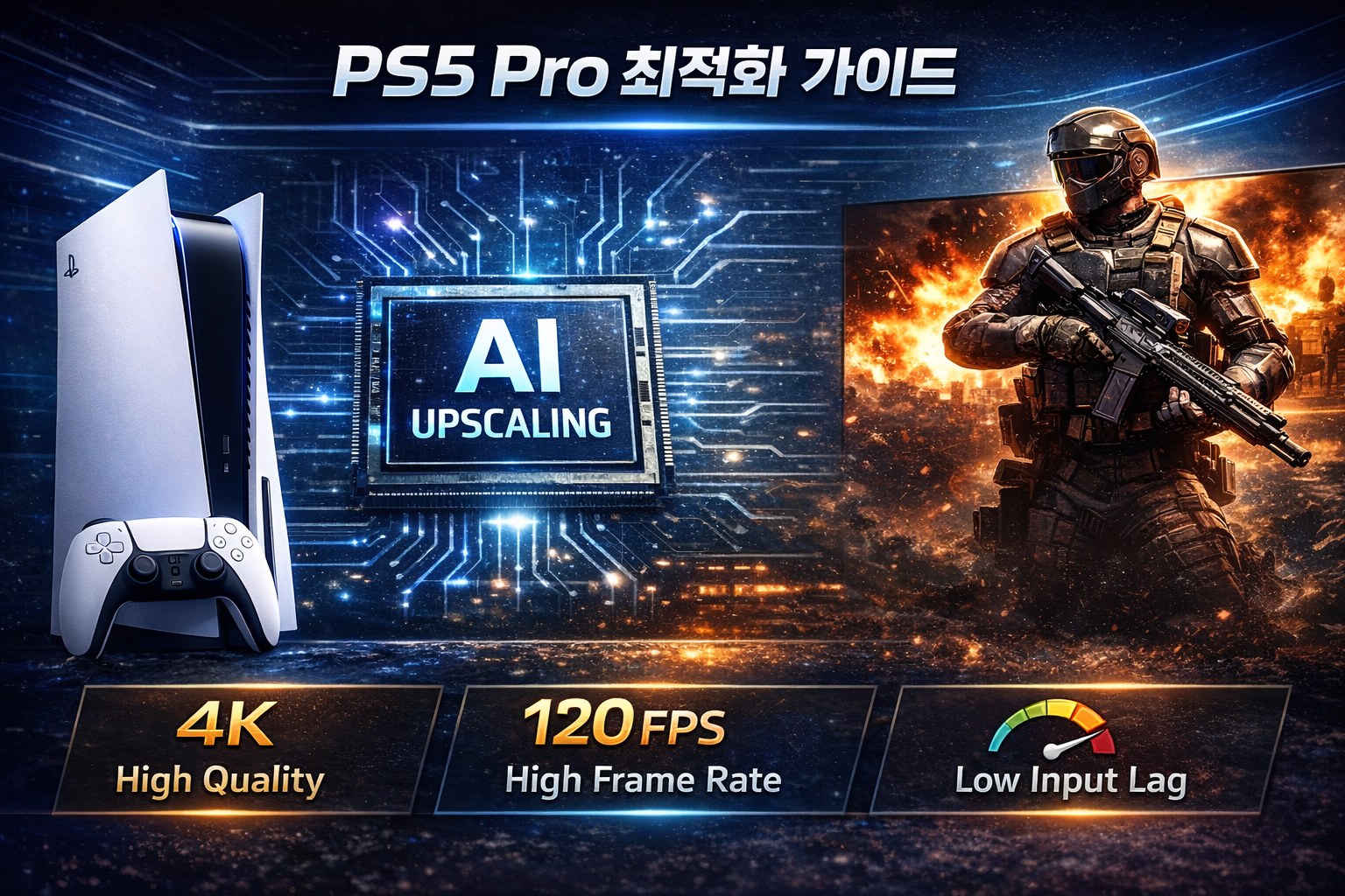 플레이스테이션 5 프로(PS5 Pro) 본체와 듀얼센스 컨트롤러, 그리고 중앙의 AI 업스케일링 칩셋 아이콘을 중심으로 4K 고화질, 120FPS 고프레임, 저지연 인풋랙 혜택이 나열된 성능 최적화 가이드 인포그래픽 이미지