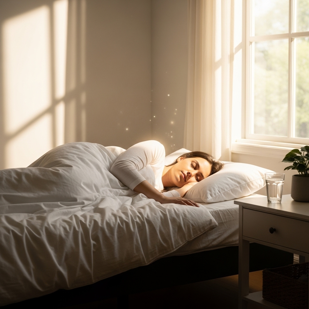 자연광이 스며드는 깔끔한 침실에서 편안하게 잠든 사람의 모습. 충분한 수면이 면역력에 미치는 긍정적인 영향을 보여줍니다._2