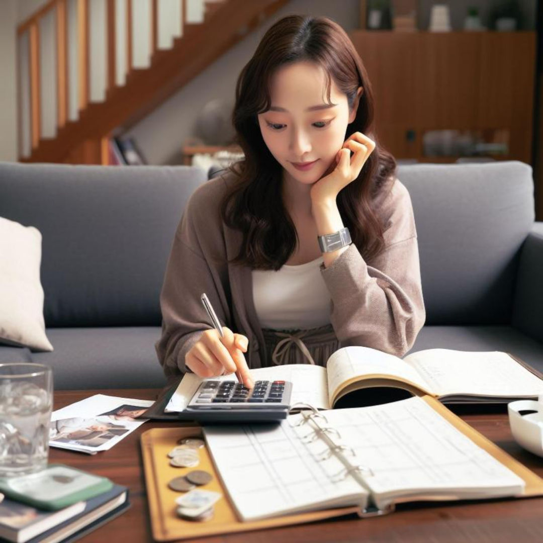 여자 상인이 계산기를 두드리며 계산부를 정리하고 있다.