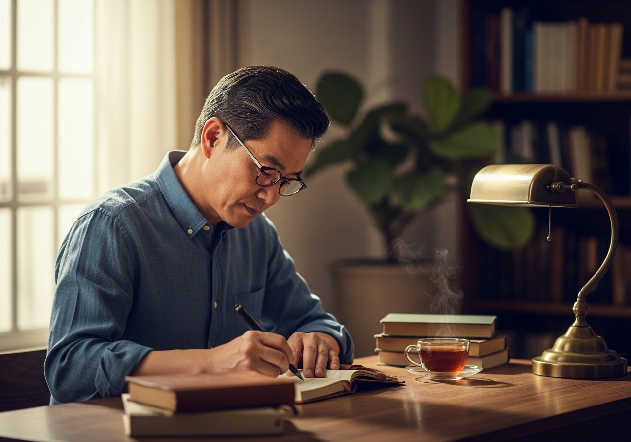 50대 한국인 남성이 책상에 집중하는 모습