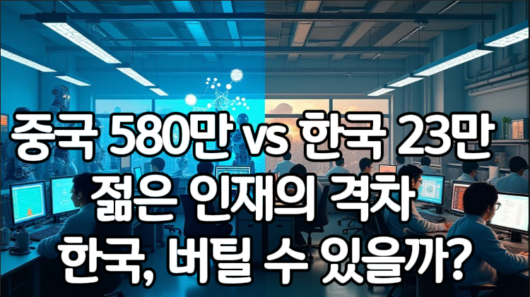 중국 580만 vs 한국 23만, 젊은 인재의 격차 한국 버틸 수 있을까? 라고 표현하고 배경은 왼쪽은 앞서가는 중국의 연구실, 오른쪽은 한국의 연구실의 모습을 표현한 일러스트