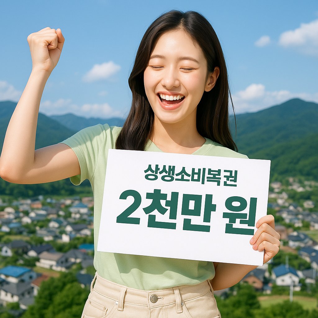 상생소비복권 2천만 원, 기뻐하는 여성, 배경에 시골 마을 풍경