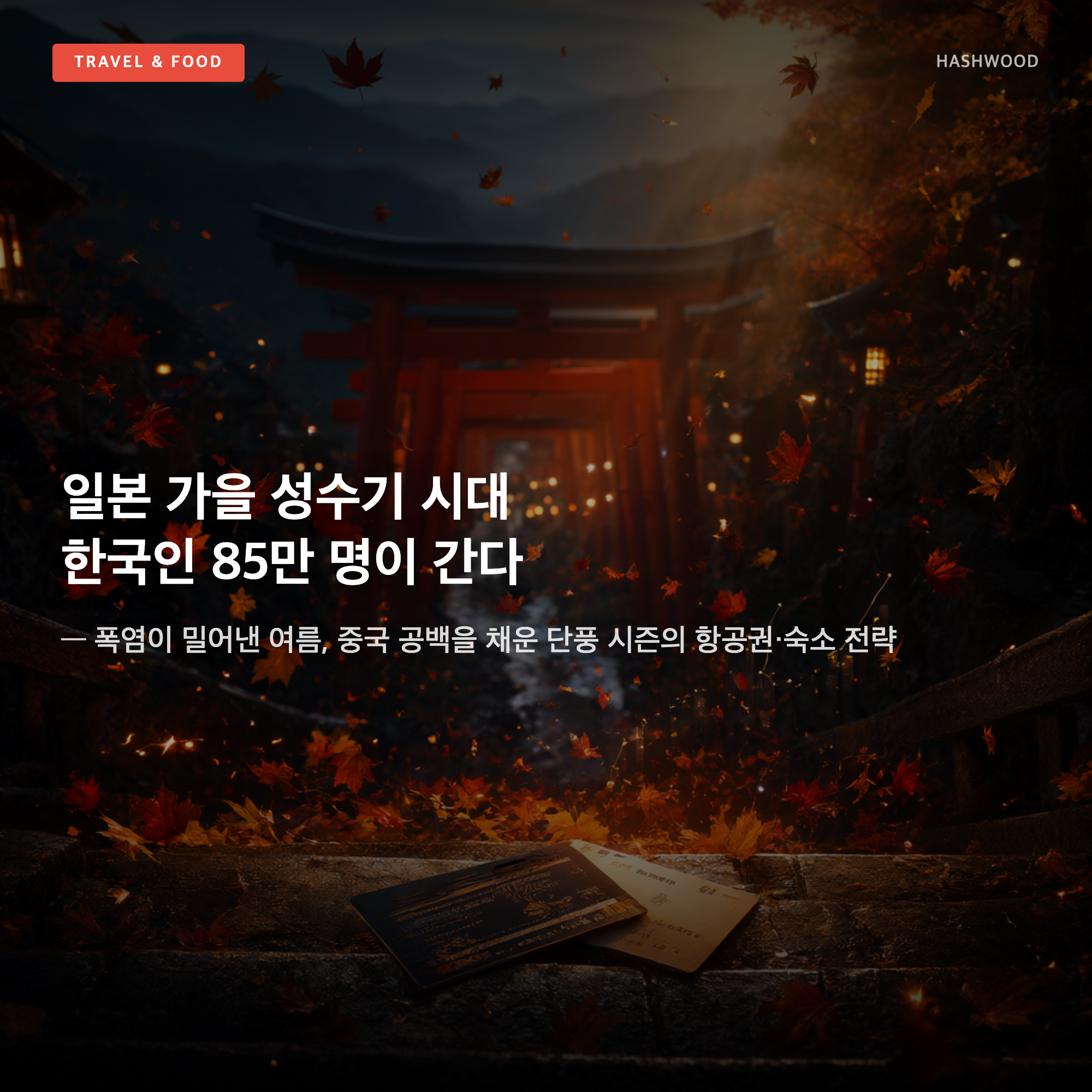 그림: 일본 가을 성수기 시대 한국인 85만 명이 간다 — — 폭염이 밀어낸 여름, 중국 공백을 채운 단풍 시즌의 항공권·숙소 전략