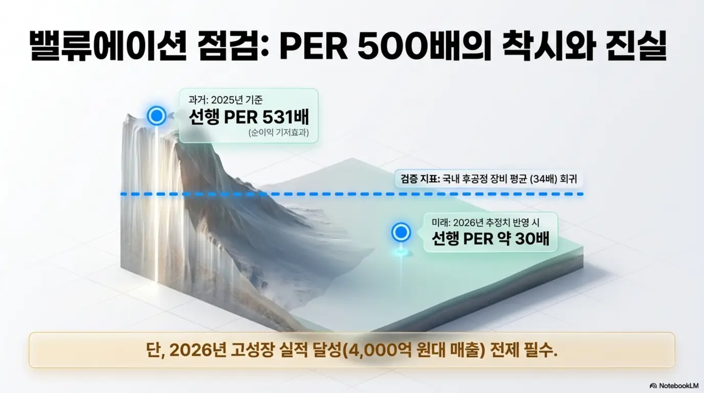 테크윙 주가 전망: 테크윙 밸류에이션의 PER 착시와 진실을 정리한 이미지. 2025년 기준 PER 531배가 순이익 기저효과에 따른 것이며 2026년 추정 반영 시 선행 PER 약 30배로 후공정 장비 평균 34배 수준으로 내려오는 점을 시각적으로 전달하며&amp;#44; 테크윙 목표주가 주제를 설명함
