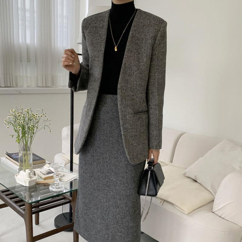헤링본 울 노카라 자켓, 스커트 셋업 / 여자수트 여성스커트정장세트