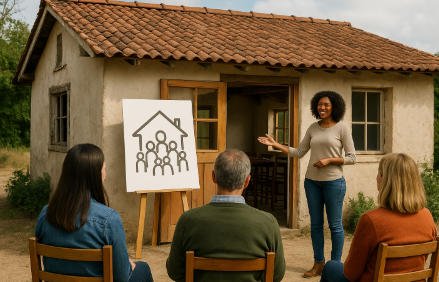 "농촌 빈집 활용 커뮤니티를 표현한 일러스트, 낡은 집 앞에서 주민들이 모여 공동체 공간 활용 방안을 논의하는 모습"
