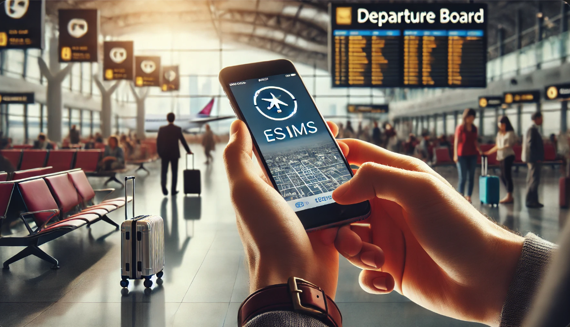 공항에서 아이폰으로 eSIM을 전환하는 여행자