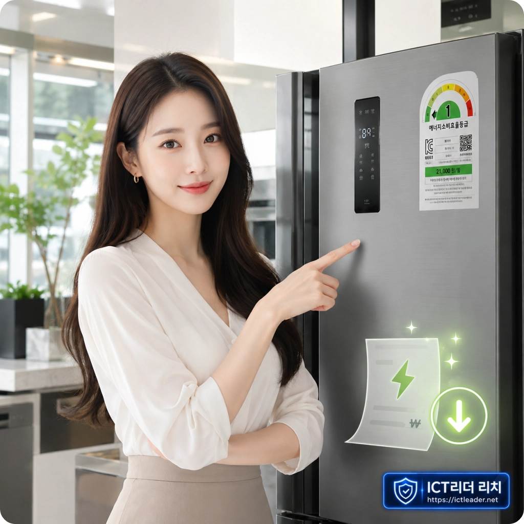 밝은 주방에서 냉장고 에너지소비효율 1등급 라벨을 가리키는 여성 모델과 전기요금 절약 아이콘이 표현된 이미지