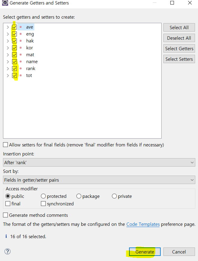 마우스 우클릭 -> source -> getter/setter을 클릭하고 만들어주면 된다.