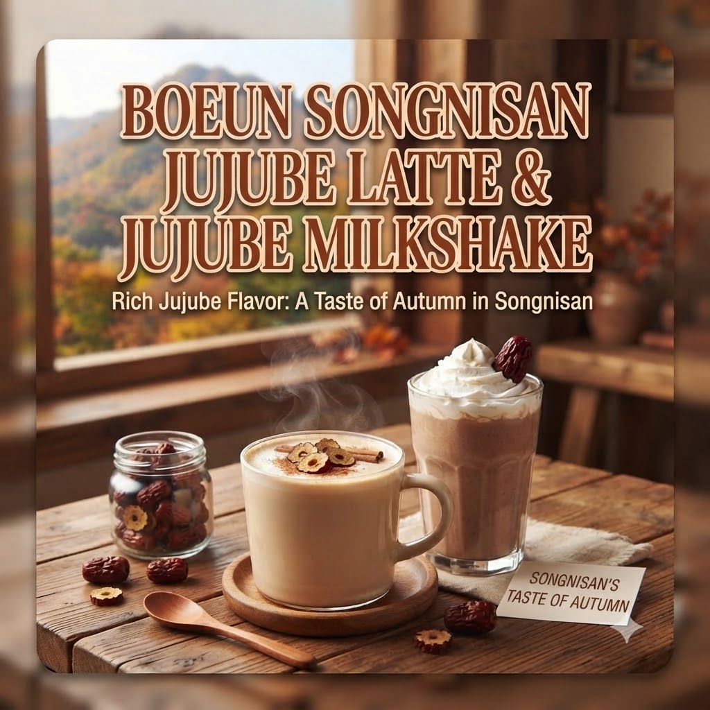 Thumbnail for an autumn cafe trip featuring rich Boeun Songnisan jujube lattes, jujube milkshakes, and dried jujubes