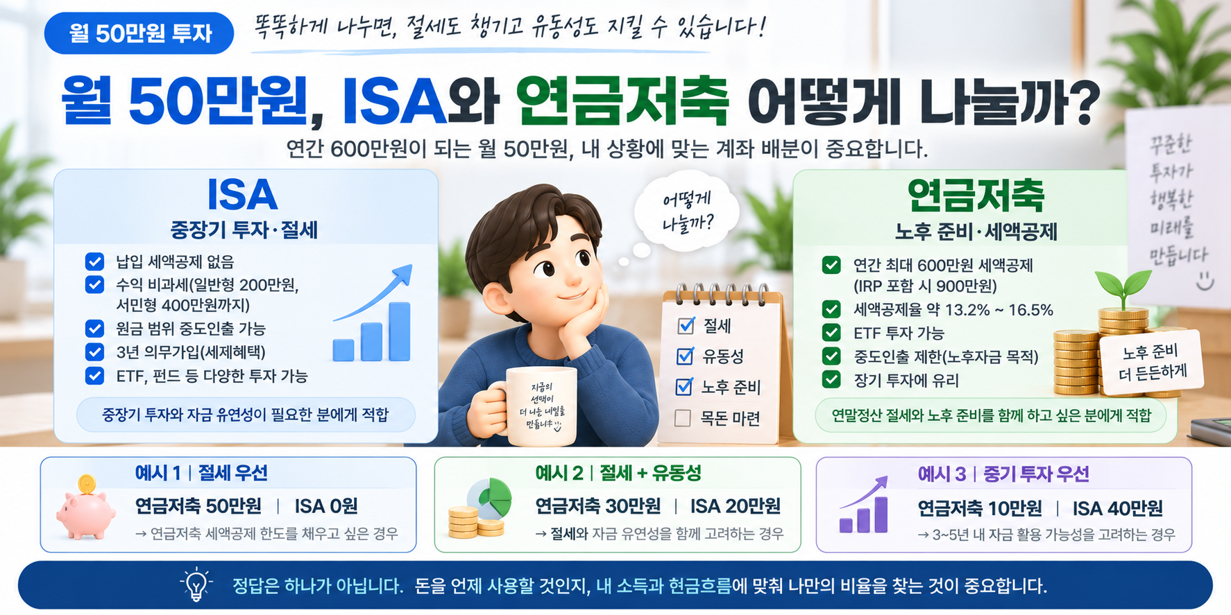 월 50만원 투자 시 ISA와 연금저축 배분 방법 비교 이미지