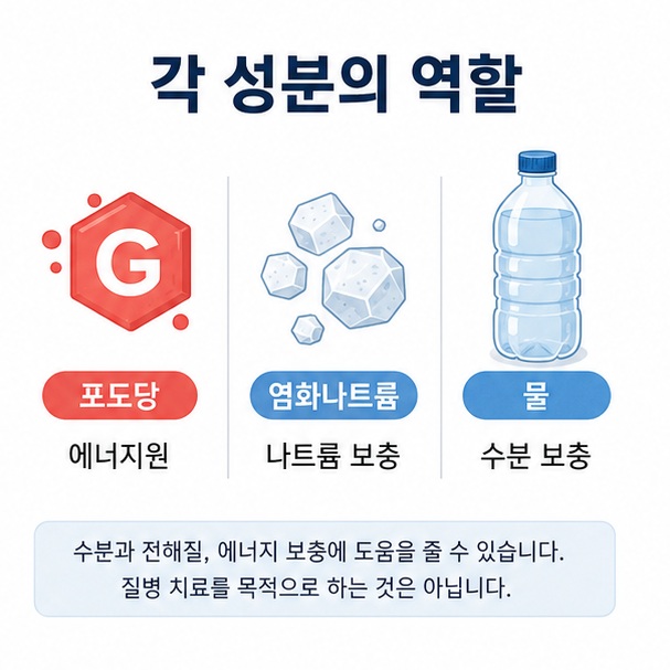 포도당은 에너지원으로 이용되고 염화나트륨은 나트륨을 보충하며 실제 수분 보충에는 물이 필요하다는 내용을 정리한 이미지