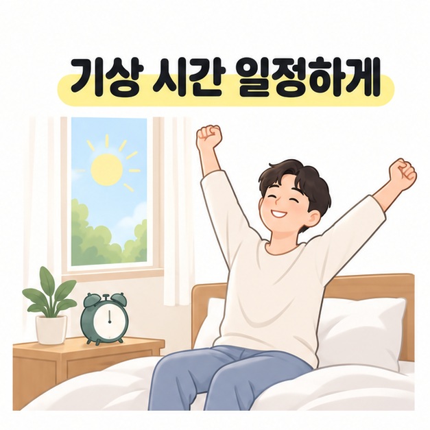기상 시간 일정하게 문구 아래에서 아침 햇빛이 드는 창과 알람시계 옆으로 침대에 앉아 기지개를 켜는 사람을 보여 주는 그림