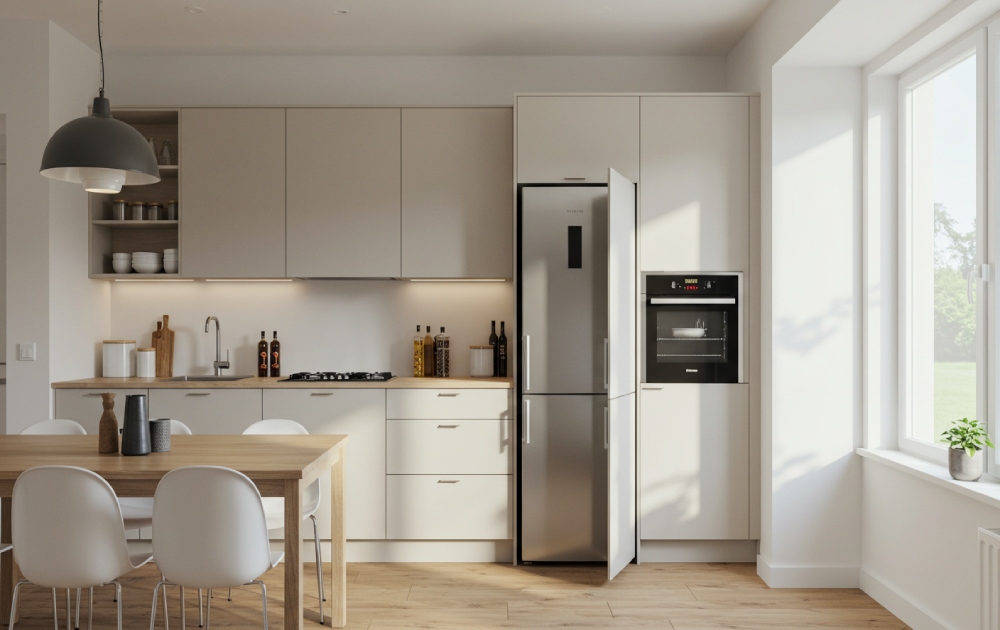 작업 삼각형과 빌트인 가전이 조화된 현대적인 주방 인테리어