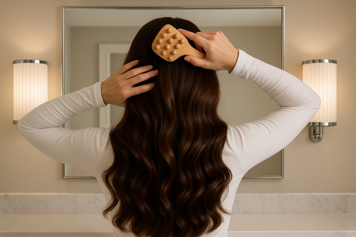 "거울 앞에서 나무 두피 마사지 브러시로 머리를 마사지하는 여성, 진한 브라운 컬러의 굵은 웨이브 헤어가 건강하고 윤기나게 빛나는 모습"
