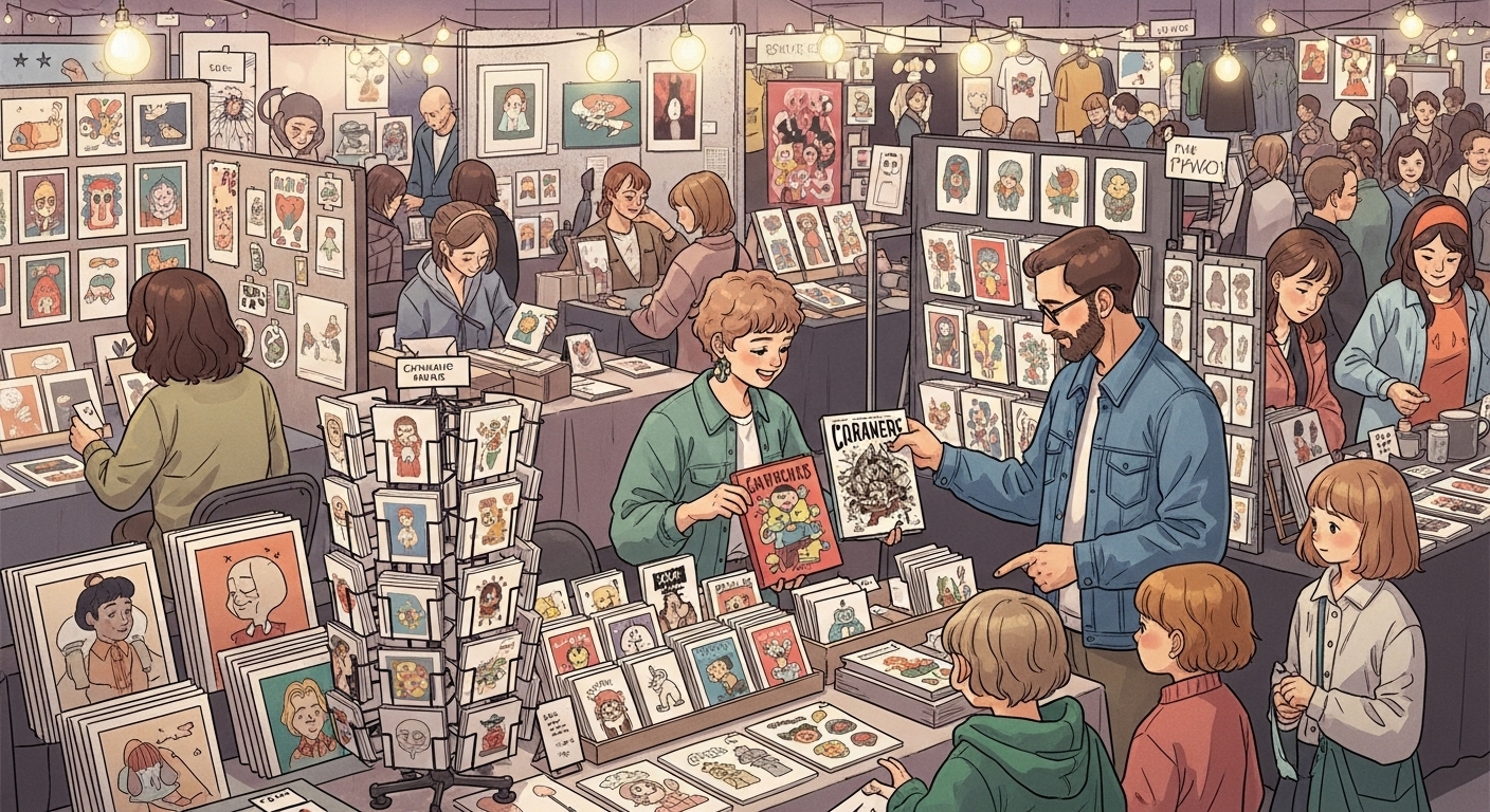 부산일러스트레이션페어의 활기찬 아트 마켓 풍경. 작가들의 개성 넘치는 굿즈와 작품들을 구경하고 구매하는 관람객들.