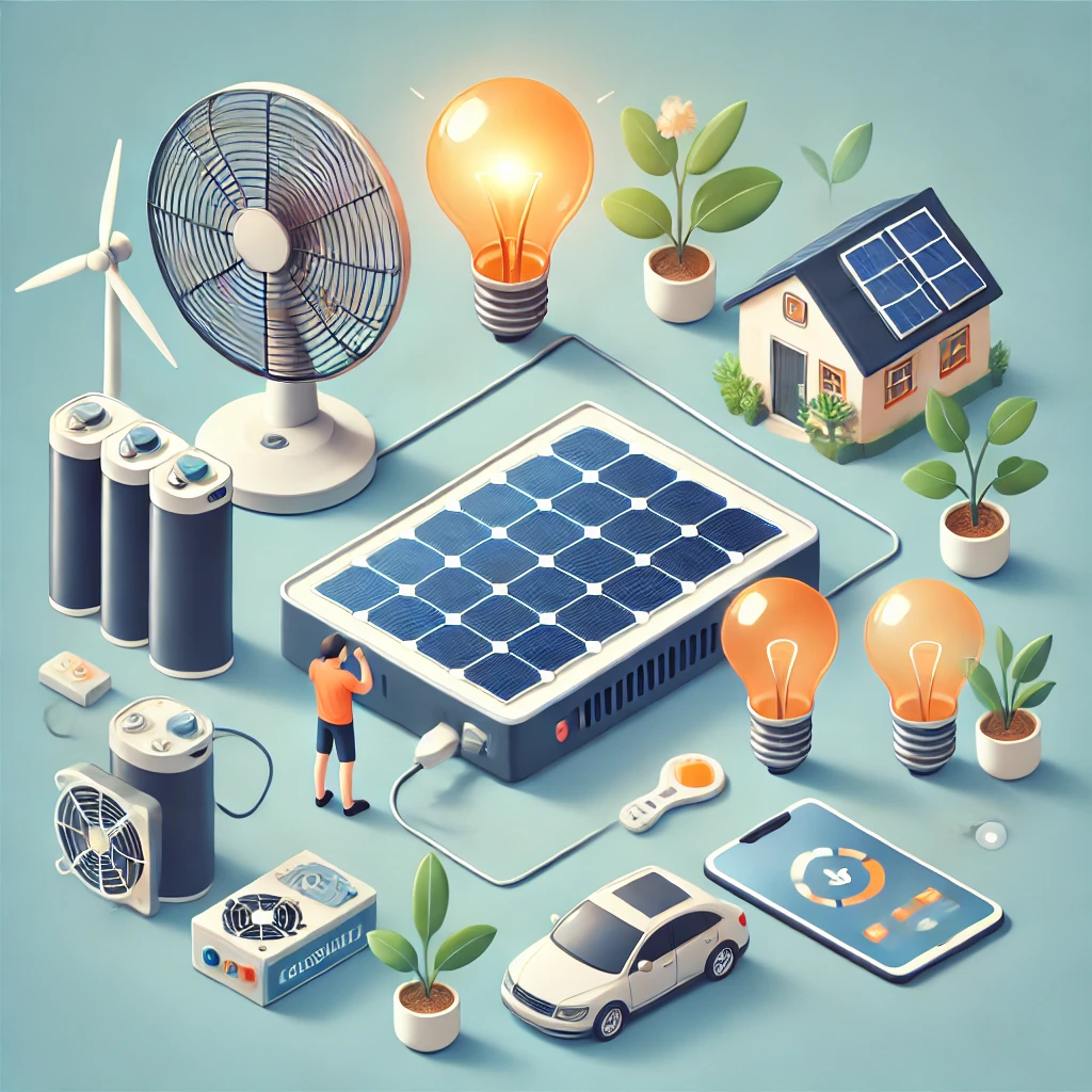 미니 태양광으로 스마트폰 충전, 선풍기 작동, LED 조명 사용 모습