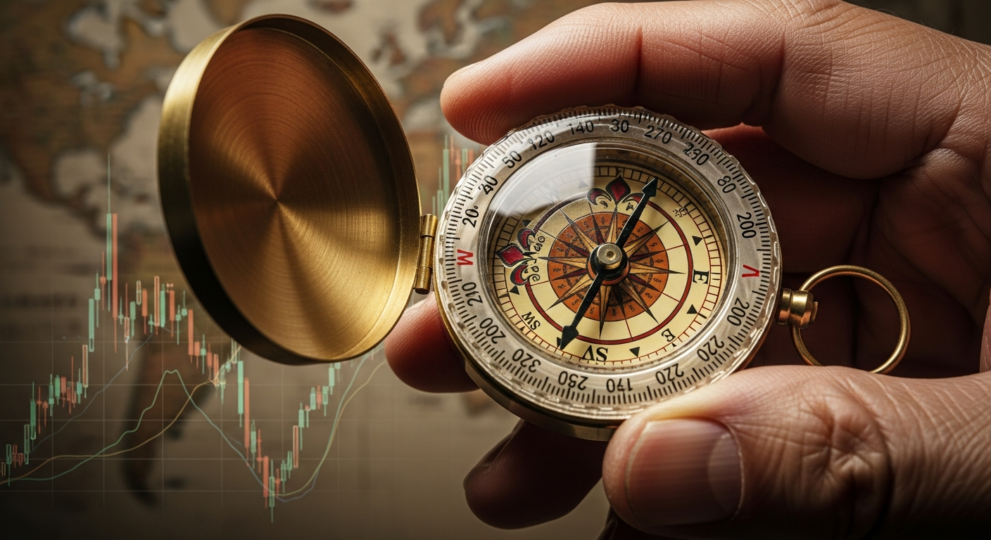 변동성 있는 금융 그래프 배경 위에서 놋쇠 나침반을 들고 안정적인 방향을 찾는 노인의 손 클로즈업