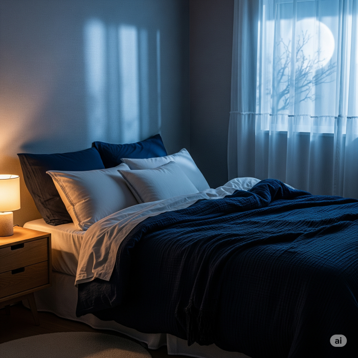 고요한 밤, 달빛이 은은하게 비치는 아늑한 침실의 모습입니다. 편안하고 깊은 잠을 잘 수 있는 이상적인 수면 환경을 표현했습니다.