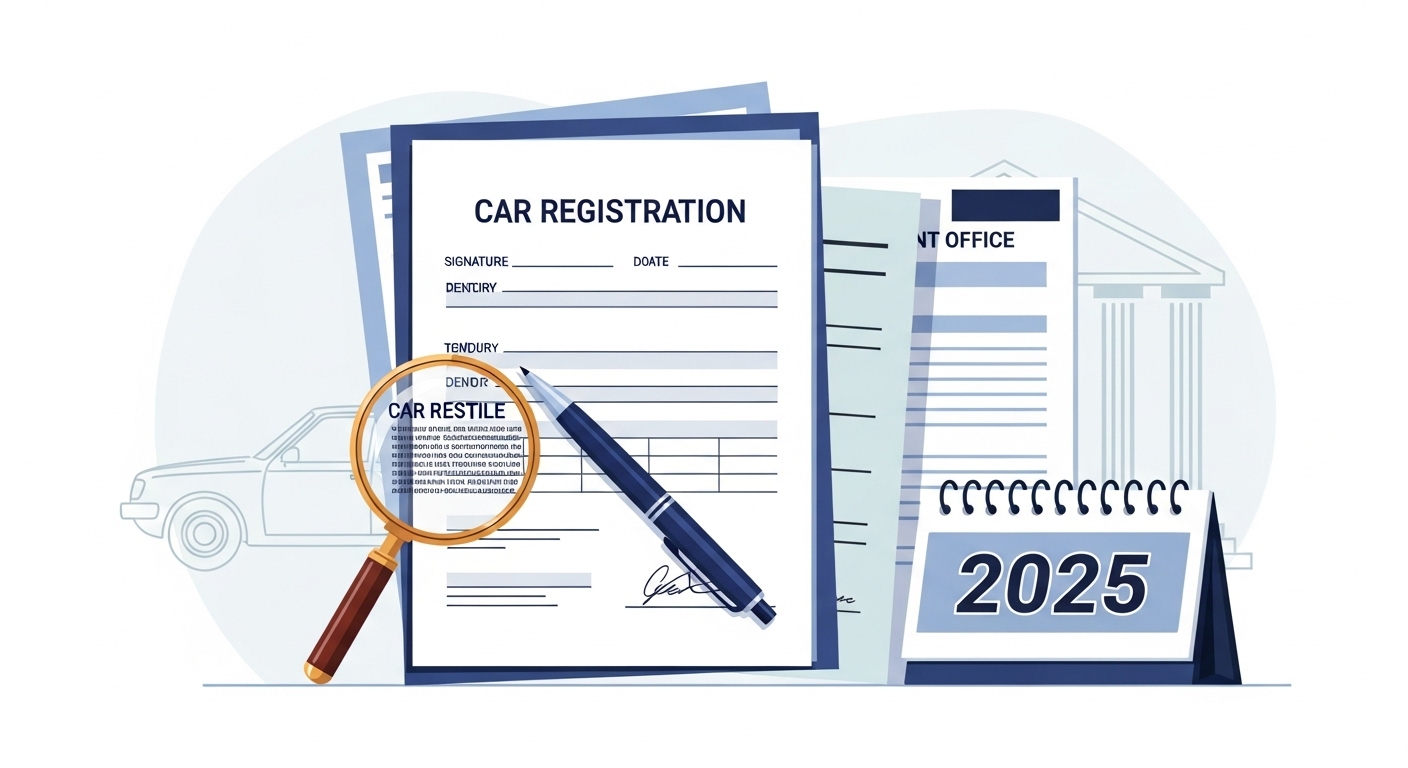 자동차 등록 절차에 필요한 각종 서류와 양식, 펜, 돋보기가 놓여 있는 모습