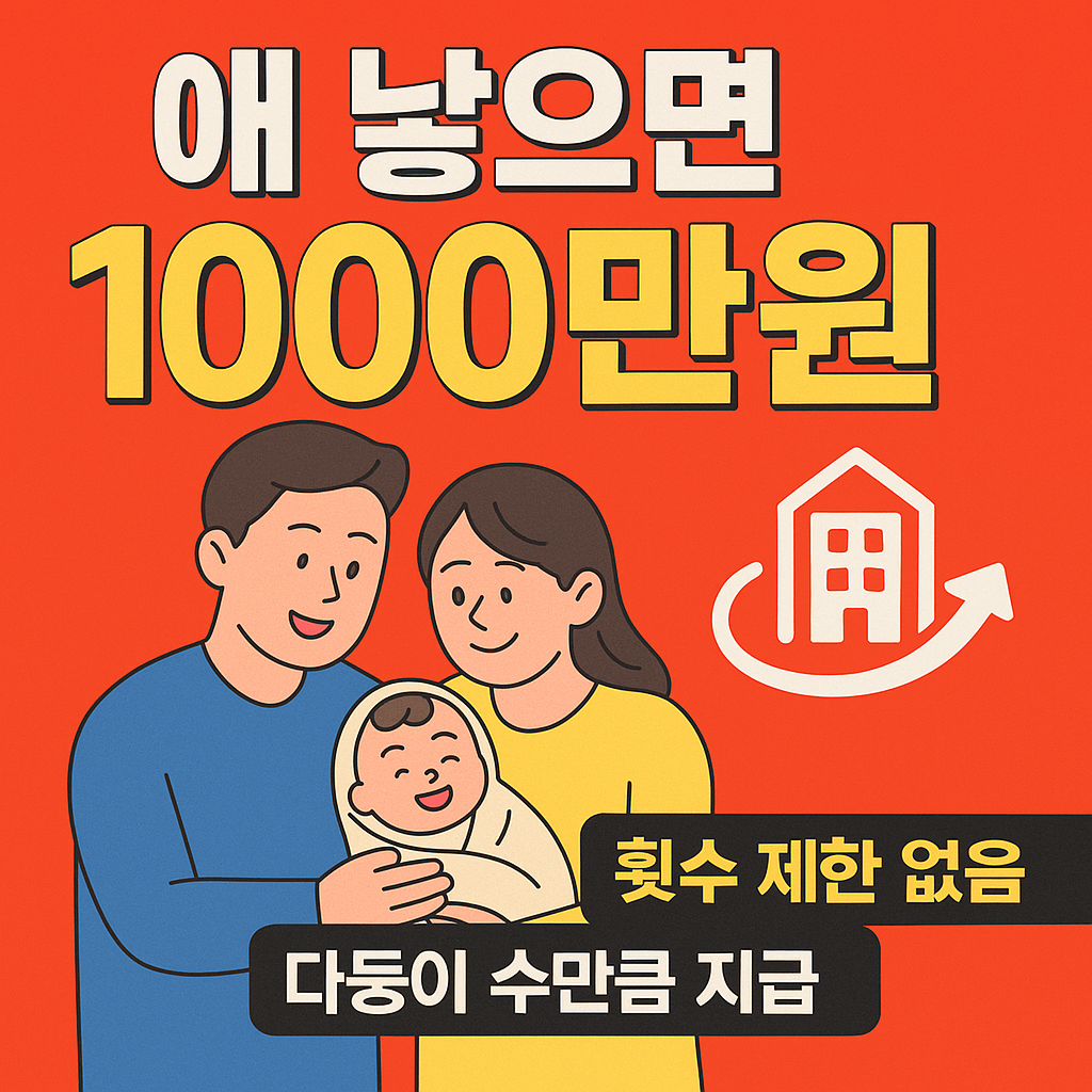 출산 시 세후 1000만원을 지급하는 기업 복지 정책을 강조한 뉴스형 인포그래픽, 부모와 아기 일러스트, 횟수 제한 없음과 다둥이 수만큼 지급 문구 포함