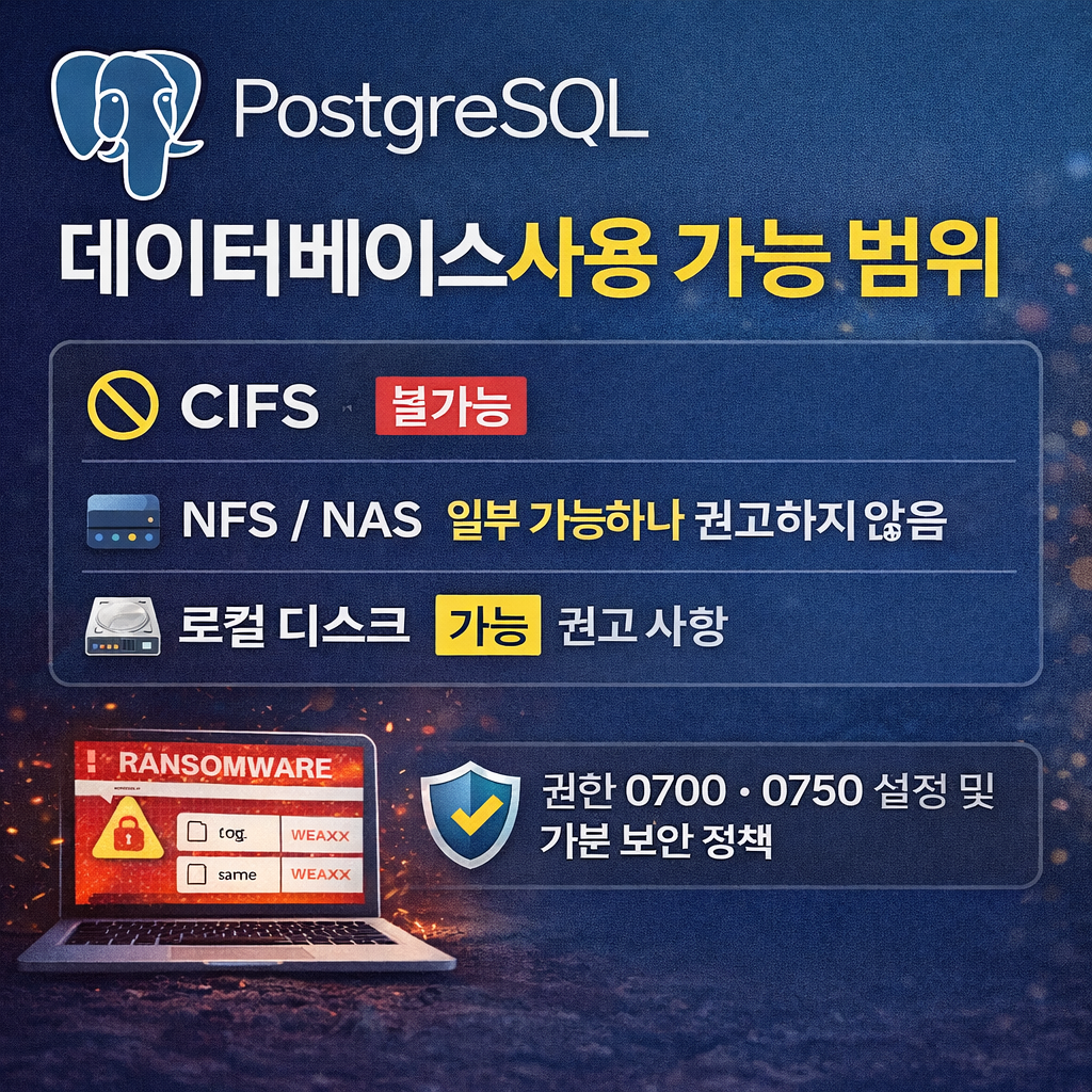 PostgreSQL 데이터베이스 데이터 디렉터리로 CIFS, NFS/NAS, 로컬 디스크 사용 가능 여부와 권고 사항, 권한 요구 조건(0700/0750) 및 기본 보안 정책을 정리한다.