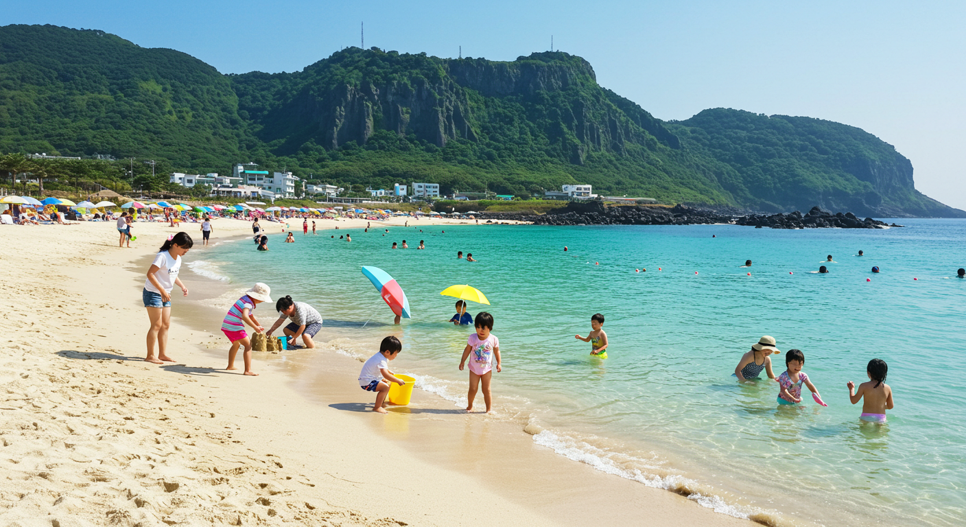 아이들과 함께 제주 해변과 자연 체험을 즐기는 가족