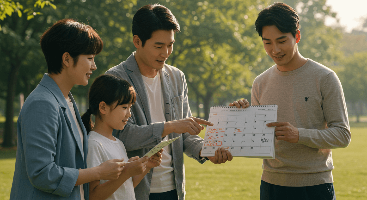 가족이 달력에 스포츠바우처 신청 일정을 표시하는 모습 1