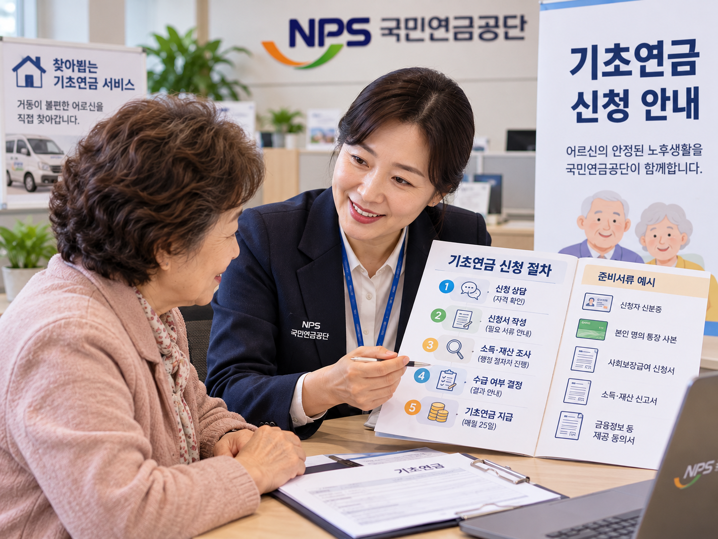 국민연금공단에서 기초연금 신청 절차를 안내받는 어르신의 모습