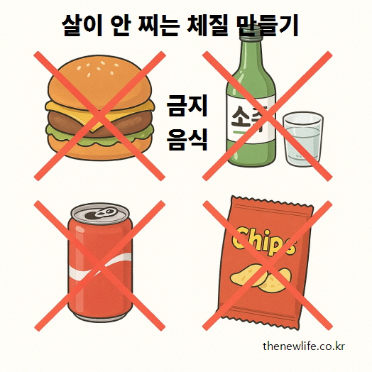 살 안 찌는 체질을 만들기 위해 피해야 할 음식인 햄버거, 술, 탄산음료, 과자 이미지