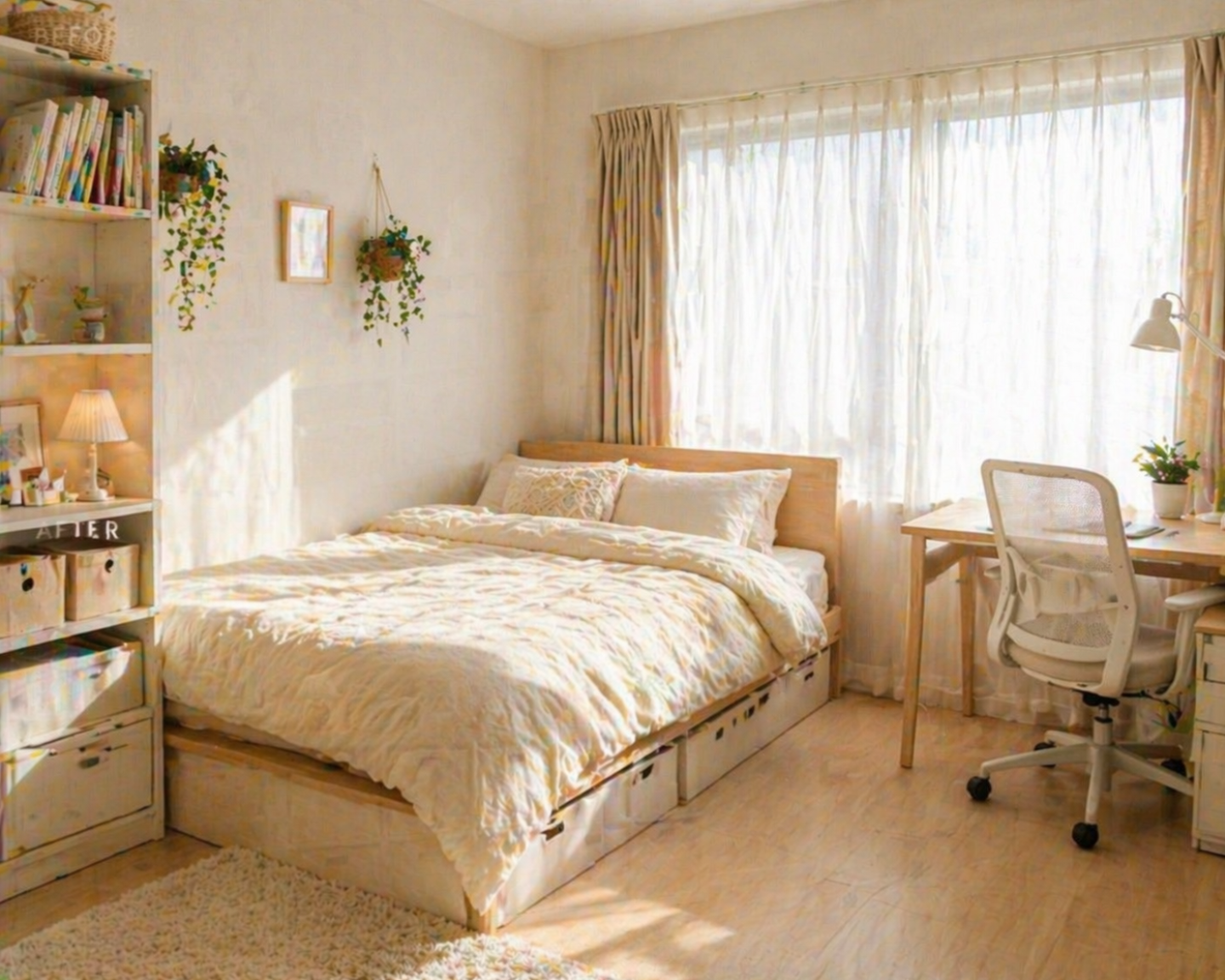 밝은 침구 색으로 바꿔 더 깔끔하고 넓어 보이게 만든 원룸 침대 공간