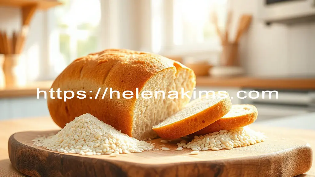 나무 도마 위에 쌀 가루와 쌀 빵이 놓여 있는 모습.