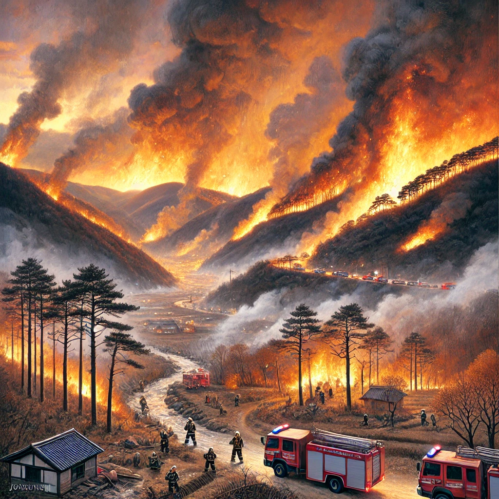 산불이 나서 진화하는 이미지