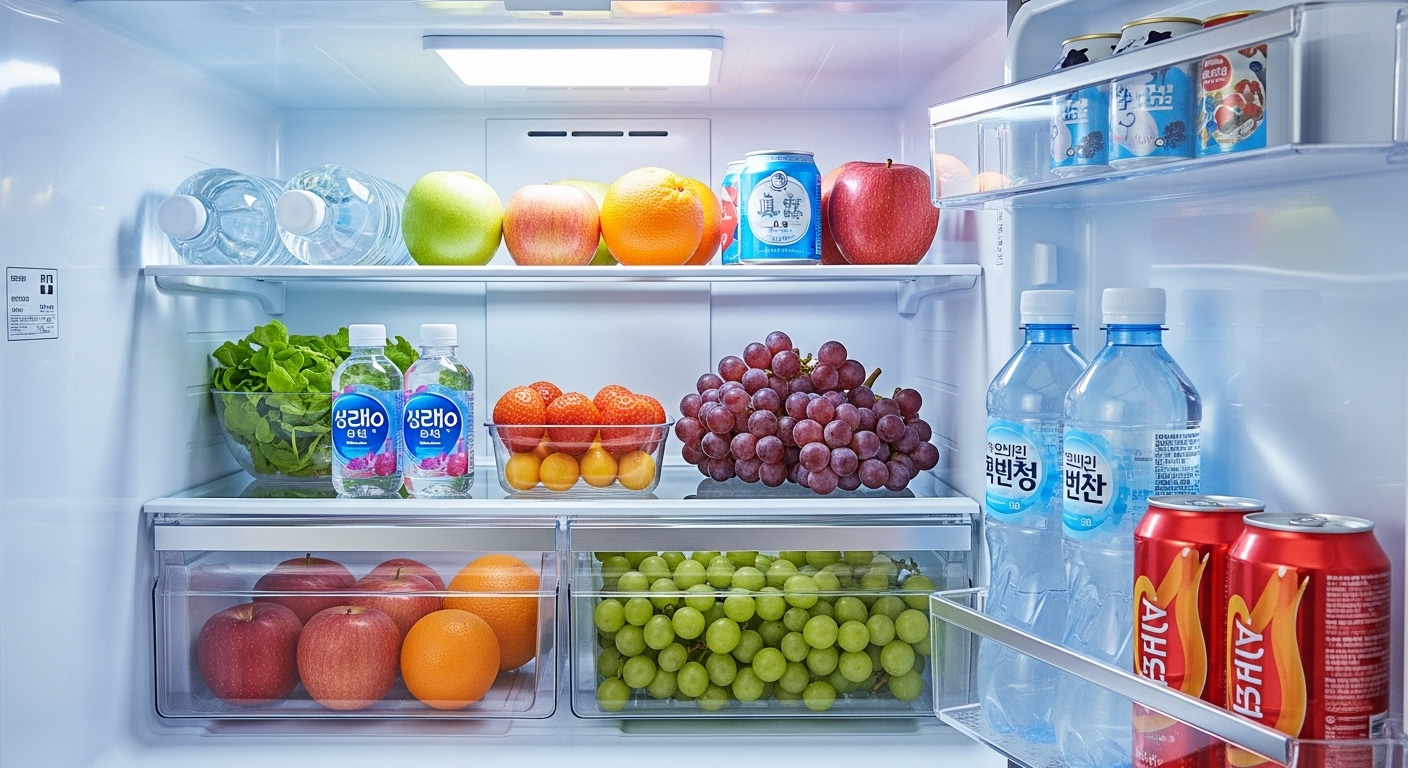 냉장고 안의 물병과 과일 클로즈업