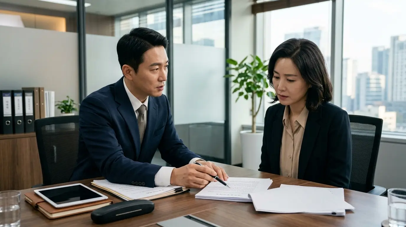 정돈된 한국의 법률 사무소 회의실에서 40대 남성 변호사가 세입자 명도 소송 관련 서류를 의뢰인에게 설명하는 장면