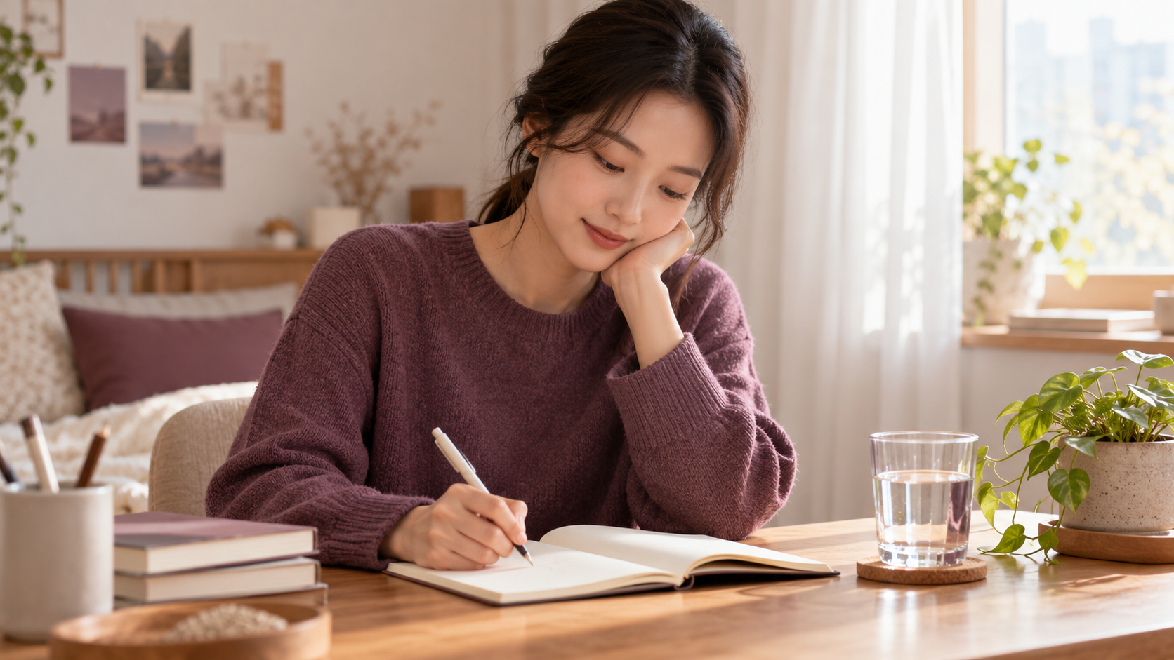 밝은 창가의 책상에서 노트에 자신의 상태를 간단히 기록하는 성인