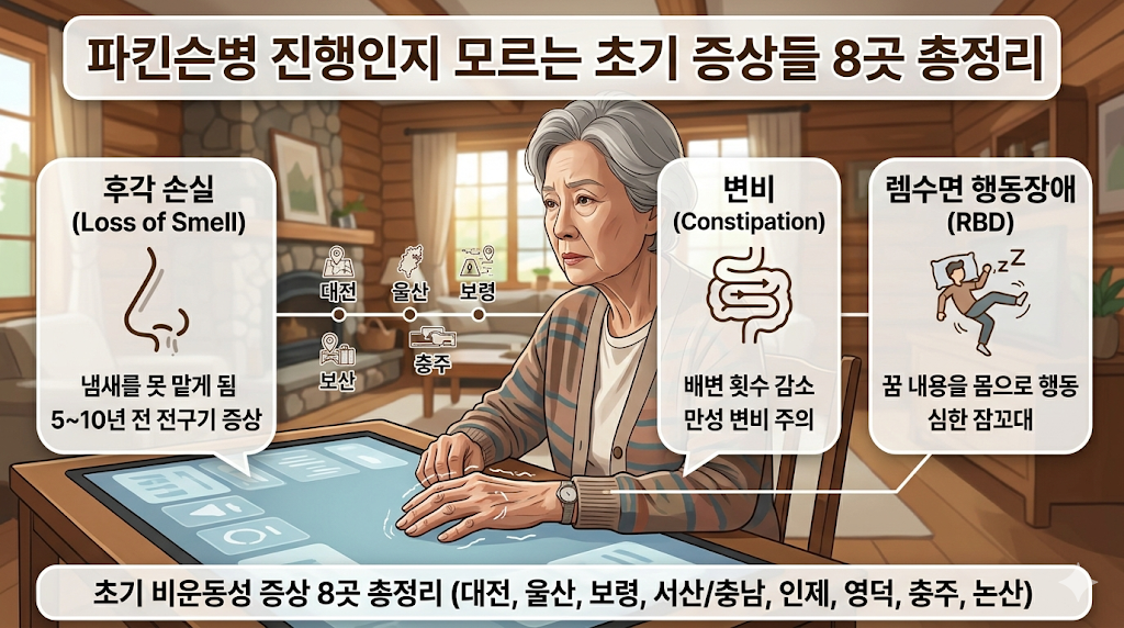 중앙의 나이 든 여성을 중심으로 세 개의 핵심 비운동성 증상 섹션으로 나눔