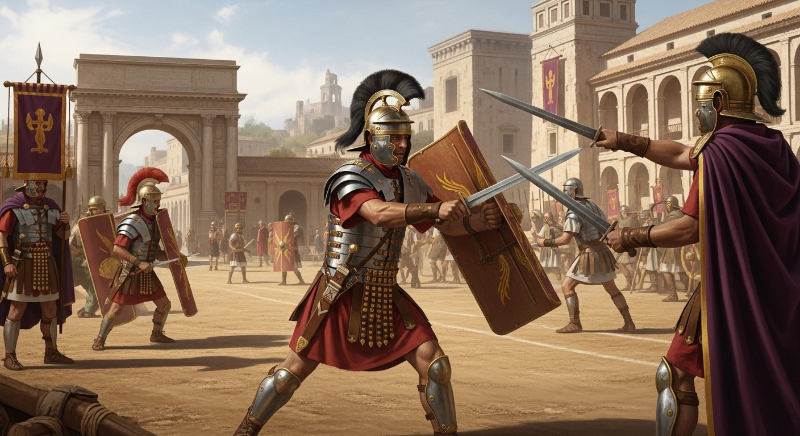 고대 로마 병사들이 칼과 방패로 강도 높은 군사 훈련을 하는 모습