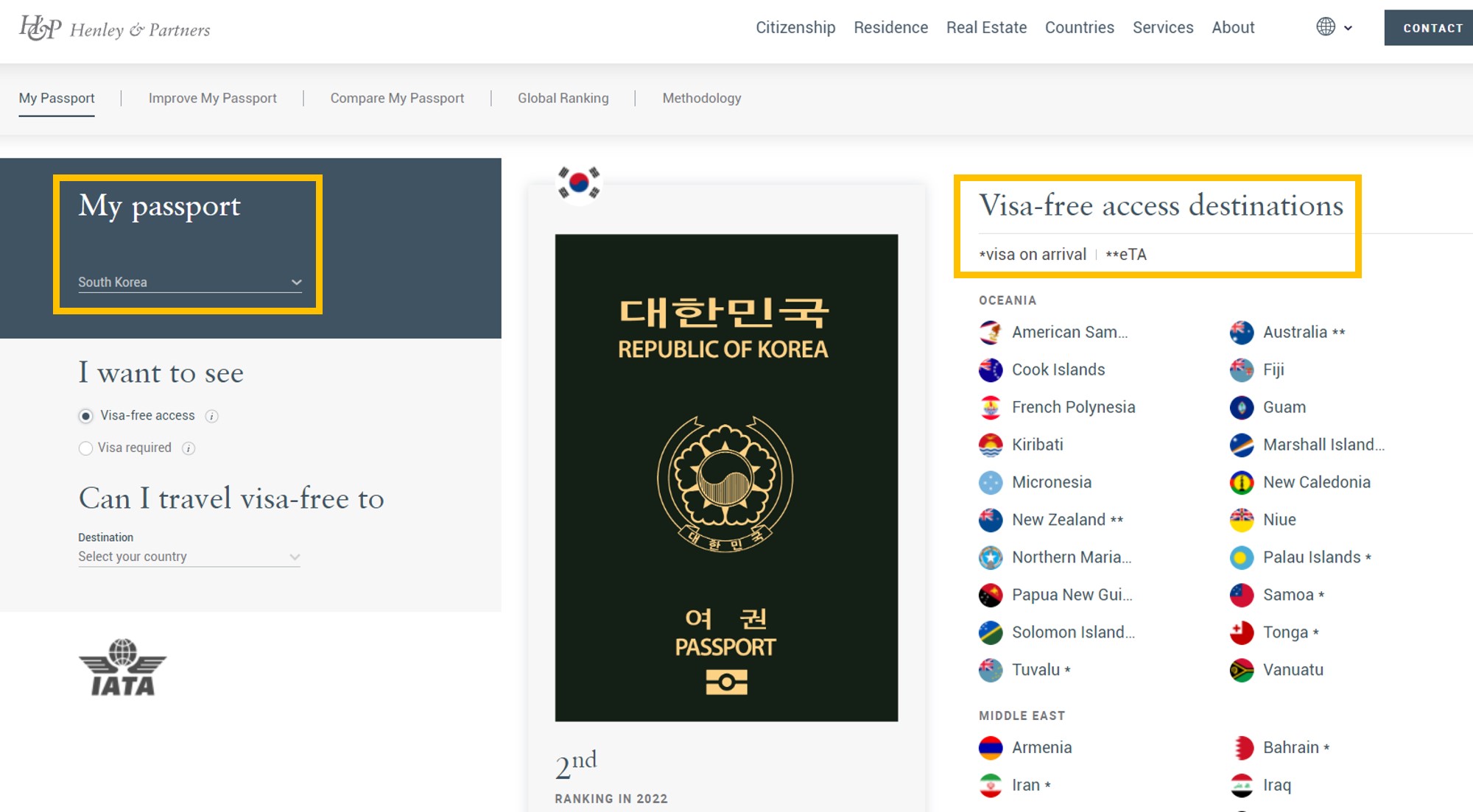 Henley & Partners Research Department 홈페이지에서 대한민국 여권으로 무비자 입국 가능한 국가 목록을 보여주는 사진