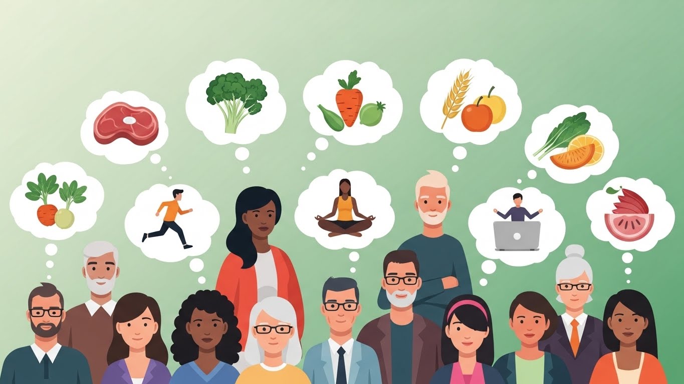 다양한 사람들이 자신에게 맞는 음식을 생각하며 체질을 궁금해하는 모습의 일러스트