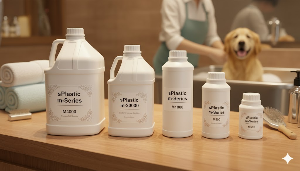 삼양플라스틱 m-시리즈 용기(M4000, M2000, M1000, M500, M250)가 'sPlastic m-Series' 라벨과 함께 따뜻하고 고급스러운 반려동물 미용실 작업대에 놓여 있습니다. M2000 용기 라벨에는 'Gentle Grooming Solution' 문구가 보이며, 배경에서는 강아지가 미용을 받고 있어 반려동물 케어 제품 용기로서의 매력을 강조합니다.