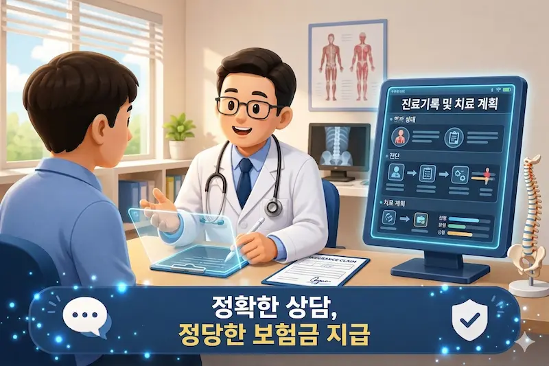 진료기록과 차트를 보며 상담하는 의사와 환자, 정확한 증상 설명과 진료기록의 중요성을 강조하는 일러스트