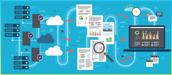 클라우드 컴퓨터에서 데이터에 액세스하는 랩톱빅 데이터 분석, 데이터 마이닝, 클라우드 컴퓨팅 장치, 데이터 네트워크 및 비즈니스 인텔리전스를 개념.플랫 벡터 그림
