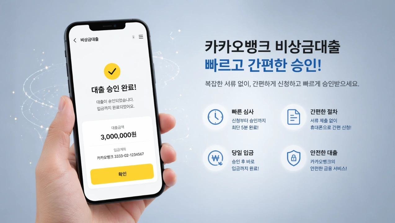 스마트폰 화면에 카카오뱅크 대출 앱이 뜨는 모습, 빠른 승인을 강조하며 디지털 금융의 편리함을 나타냄.
