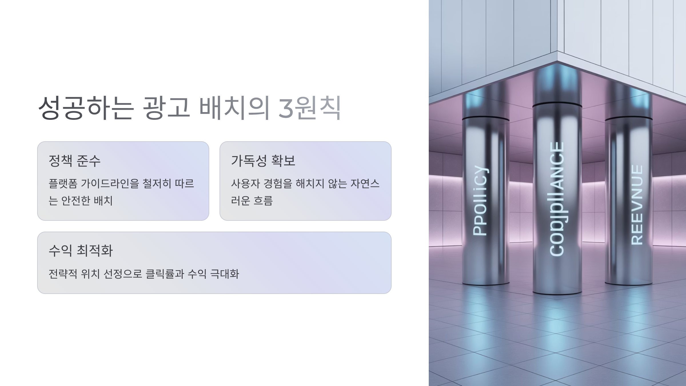 광고 배치 3원칙 인포그래픽 – 정책·가독성·수익
