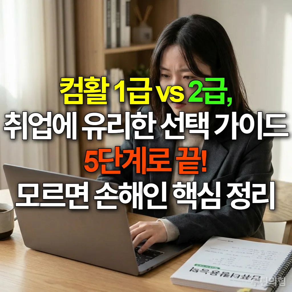 깔끔한 홈 오피스 책상에 앉아 노트북으로 컴활 자격증 공부에 집중하는 젊은 여성